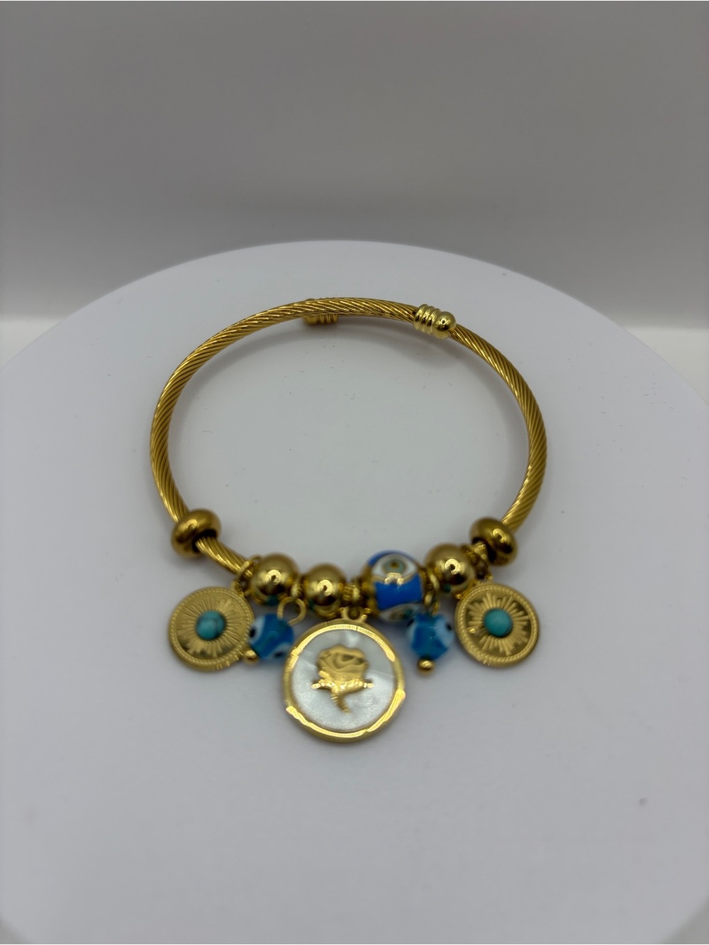 Gold-Tone Stainless Steel Anti Tarnish Blue Bead Charm Bangle Bracelet